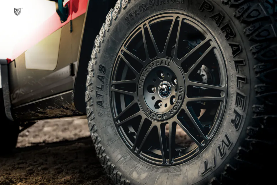 Brawley satin black wheel and mud-terrain tire