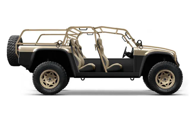 Side profile of a tan open four-seat design study with a full roll cage